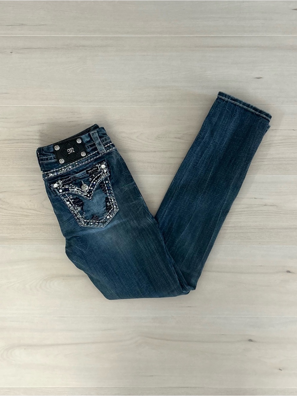 Dark Blue Womens Jeans with Embellished Back Pockets
